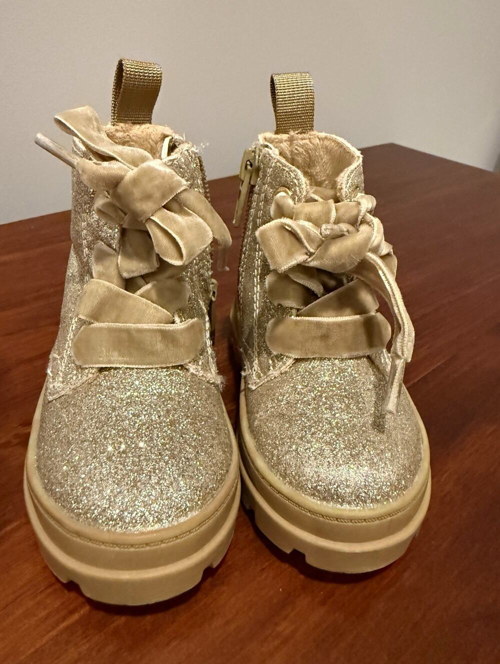 H&M Girls Gold Glitter Ankle Boots Velvet Laces Zip Toddler US 4-5 EUR 18/19